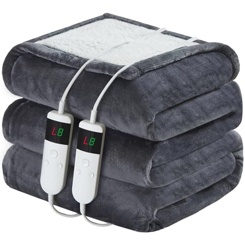 Queen Size Electric Heated Blanket - Soft Flannel & Sherpa, 10 Heat Levels, Auto Shut-Off