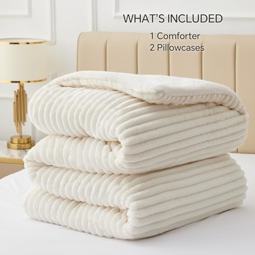 Plush Faux Fur Queen Comforter Set - Warm Fleece Bedding, Cream White