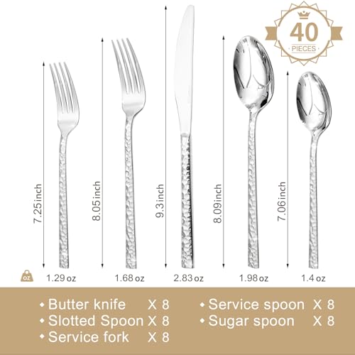 40-Piece Hammered Stainless Steel Flatware Set for 8 - Mirror Polished