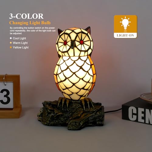 Cute Owl Tiffany Style Stained Glass Table Lamp with LED Night Light