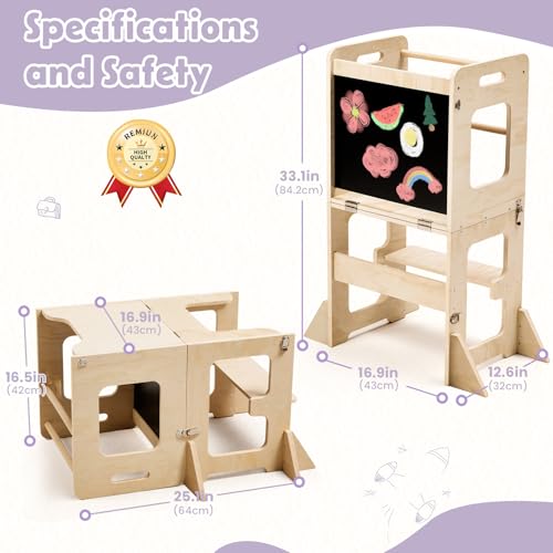 Foldable Wooden Learning Tower with Blackboard - Toddler Kitchen Step Stool
