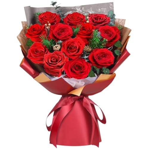 12 Preserved Real Red Roses Bouquet with LED Lights in Luxury Gift Box