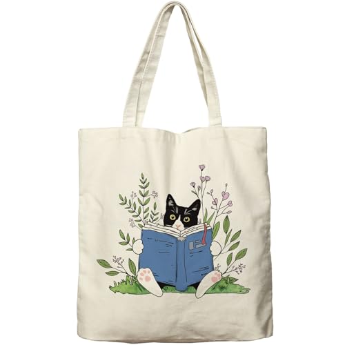 Dlzdn Cat Tote Bag - Cute Tuxedo Cat Print Reusable Grocery Beach Tote 14x16in