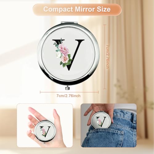 V Monogram Compact Mirror - Personalized Gift for Women & Girls, 2-Sided 180° Adjustable Pocket Mirror