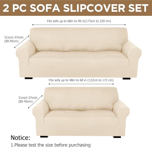Sofa and Loveseat Covers Set - Cream, Stretchy Polyester & Spandex, Non-Slip, Machine Washable