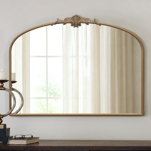 Large Arched Gold Wall Mirror, 40"x29" Antique Baroque Metal Framed Mirror
