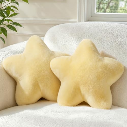 2-Piece Star Throw Pillow Set, 15-Inch Aesthetic Yellow Plush Cushions