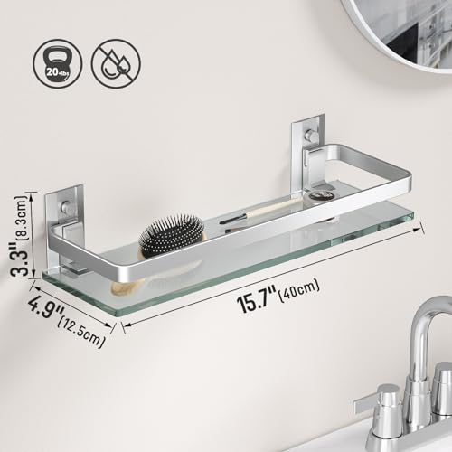 Wall-Mounted Tempered Glass Bathroom Shelf with Matte Silver Guardrail