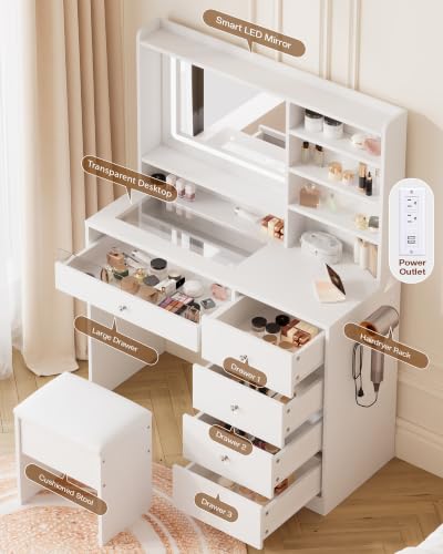 39.4-Inch Vanity Desk with Glass Top, LED Mirror, Charging Station & Stool