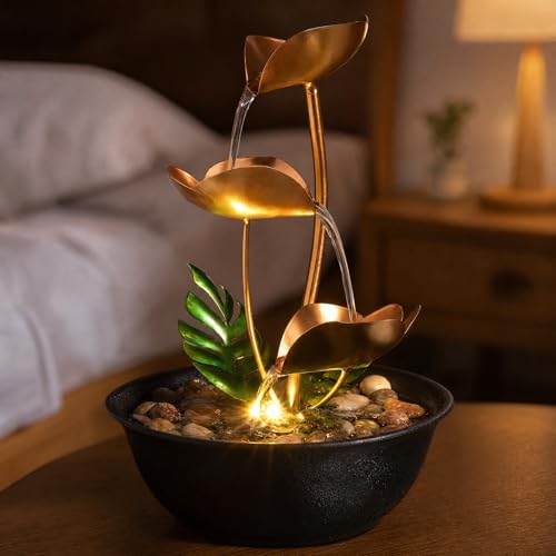 3-Tier Metal Tabletop Water Fountain with LED Light, 11-Inch Zen Decor