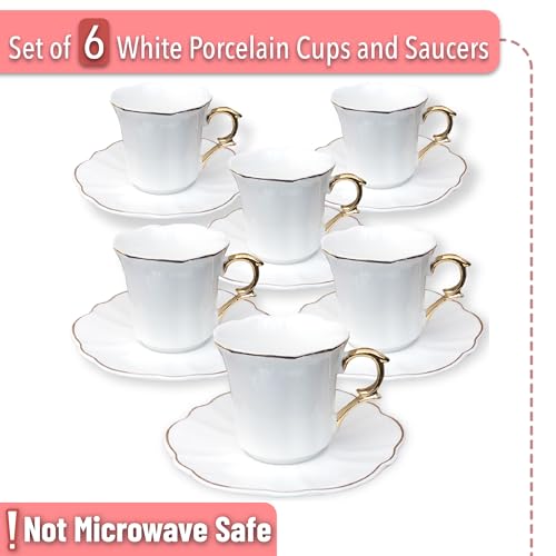 Brew To A Tea White Porcelain Espresso Cups Set 6 x 3 oz Small Coffee Mugs