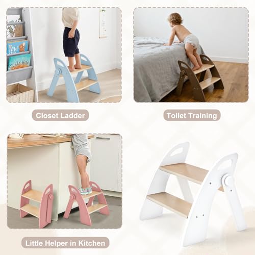 Foldable 2-Step Stool for Kids, Non-Slip Wooden Toddler Step Stool