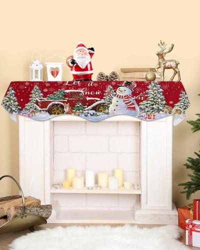 Falaniique 70" L x 17" W Christmas Fireplace Mantel Scarf Runner – Red Truck Snowman Decor