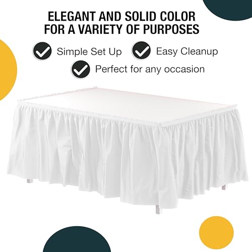 Disposable White Plastic Table Skirts, 14ft Adhesive Table Wrap, 6 Pack