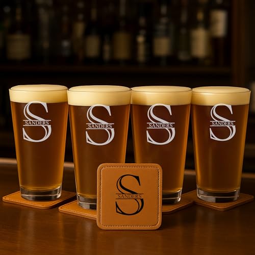 Custom Engraved Pint Glasses - Personalized Set of 4 Beer Glasses