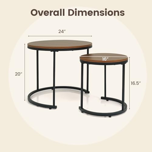 Nesting Coffee Table Set of 2, Round Wooden Stacking End Tables