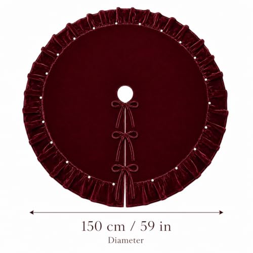 59 Inch Burgundy Velvet Christmas Tree Skirt with Pearl Trim Edge & Bow Ties (150 cm) – AtiMing, Burgundy with Pearl