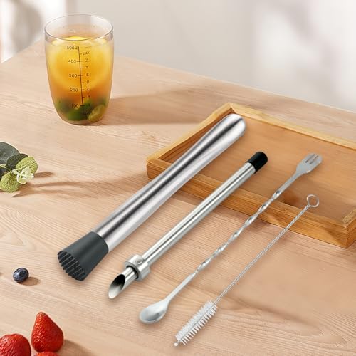 Meiye 4-Piece Stainless Steel Lemonade Stand Tool Set - Straw Puncher, Muddler & Spoon
