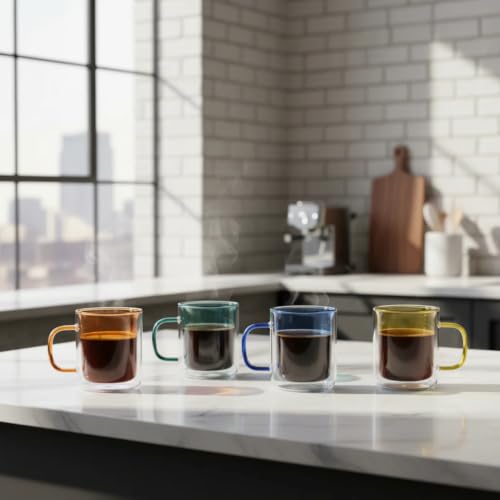 Cloudnola Double Wall Insulated Glass Mugs Set of 4 - Vibrant Coffee Tea Cups