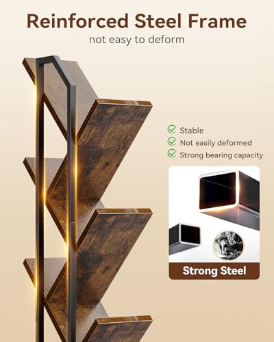 6-Tier Narrow Bookshelf with RGB LED Lights, Vintage Wood & Metal Bookcase