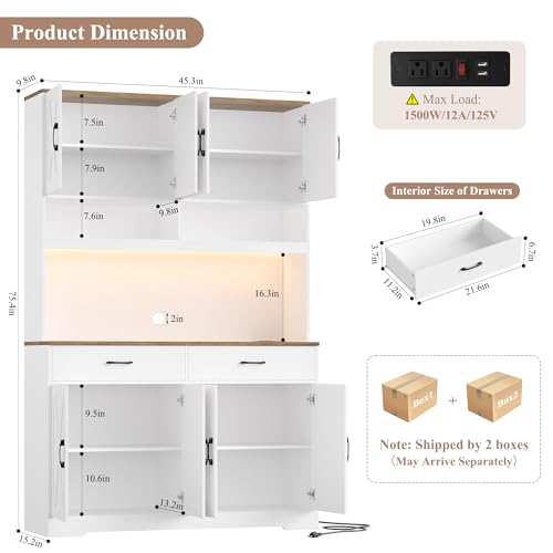 75" Tall Kitchen Pantry Cabinet with Charging Station and LED Lights