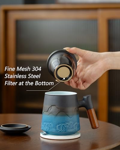 ZENS 15.2oz Blue Tea Cup with Infuser, Lid & Coaster - Handcrafted Ceramic