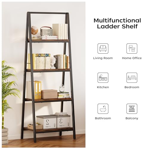4-Tier Leaning Ladder Bookshelf, Industrial Wood Storage Rack for Home Office