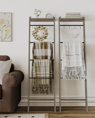6-Tier Blanket Ladder Shelf, Rustic Farmhouse Quilt Rack with Hooks