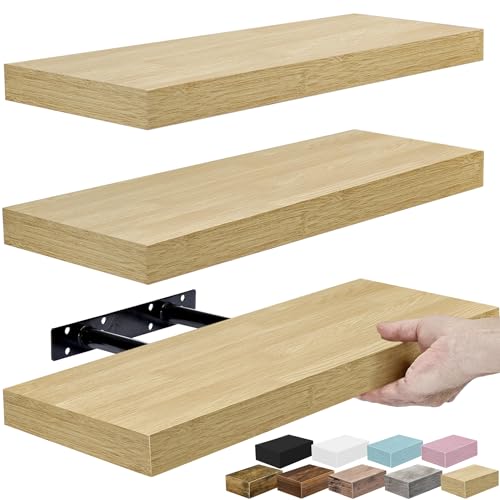 16-Inch Floating Wall Shelves with Invisible Brackets - Maple Wood, Set of 3