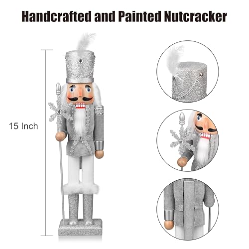 15-Inch Wooden Christmas Soldier Nutcracker Figurine, Silver Holiday Decor