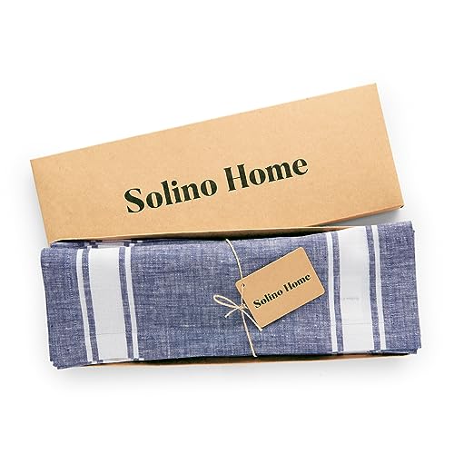 Solino Home Blue Linen Table Runner 14x120 Inches, Country Stripe, Handmade