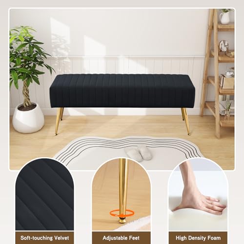 44-Inch Black Velvet Upholstered Ottoman Bench with Gold Metal Legs