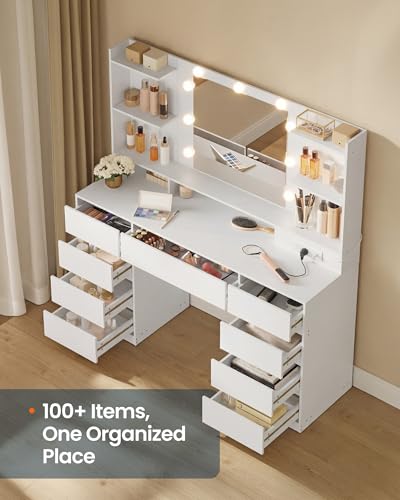 Modern Vanity Desk with Mirror, Lights, and 9 Drawers - White