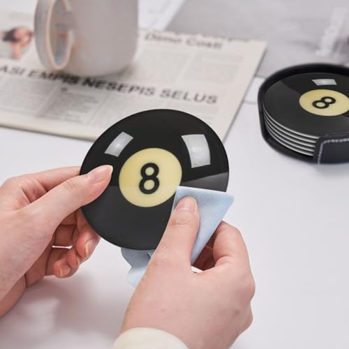 Sunwarshile Black 8 Billiard Leather Coaster Set with Holder, Round Drink Mats for Home & Bar