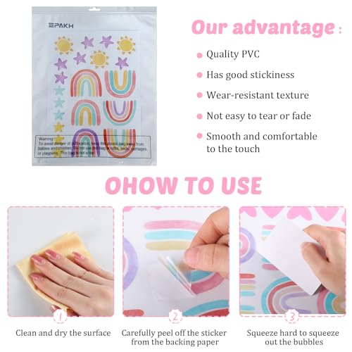Rainbow Wall Decals for Kids Room - Removable Vinyl Stickers with Hearts Stars