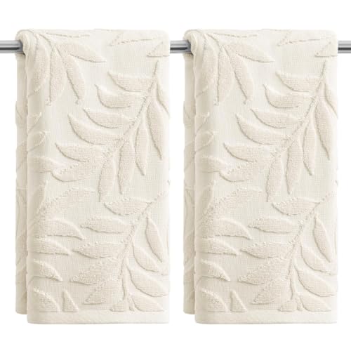 3D Leaves Jacquard Hand Towels - 100% Cotton Soft Absorbent, 2-Piece Set