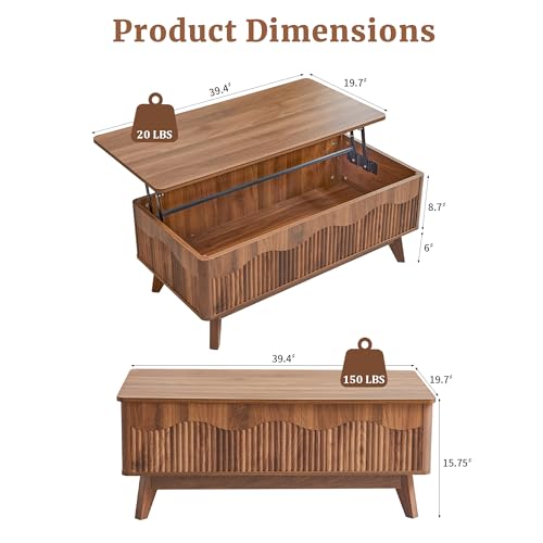 Fluted Wave TV Stand and Lift-Top Coffee Table Set, Walnut Brown