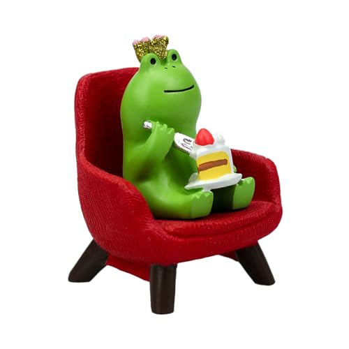 Miniature Frog Eating Cake Figurine on Red Sofa Desk Decoration