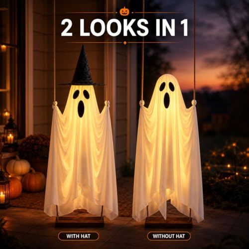 5 FT Lighted Hanging Halloween Ghost Decor with Remote & Detachable Hat