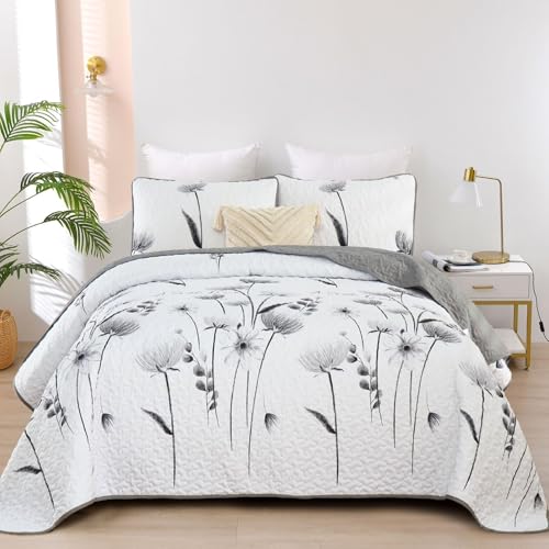 Dinjoy Floral Queen Quilt Set - 3 Piece Lightweight Microfiber Bedspread