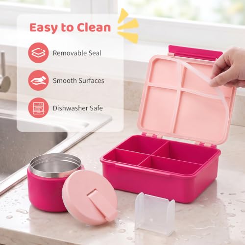 Pawtong Kids Bento Lunch Box with 8oz Soup Thermo and 4 Compartments - Pink