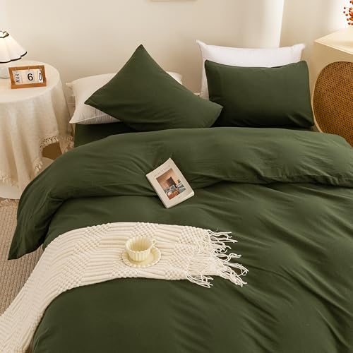 100% Washed Cotton Queen Duvet Cover Set - 3 Piece Bedding (Avocado Green)