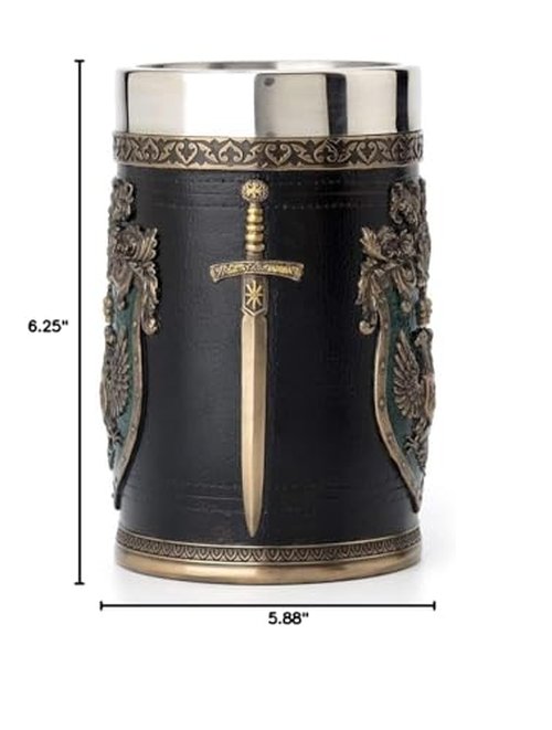 Veronese Design 6.25 Inch 0.5 L Double Headed Eagle Crest Axe Handle Beer Stein Stainless Steel Tumbler Antique Bronze Finish Sculpture Tabletop Decorative Cup