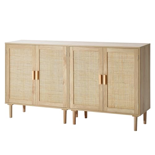 Rattan Buffet Cabinet with 4 Magnetic Doors and Adjustable Shelves