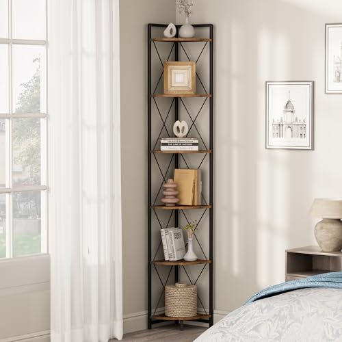 6-Tier Tall Corner Bookshelf, 78-Inch Industrial Metal Storage Display Stand