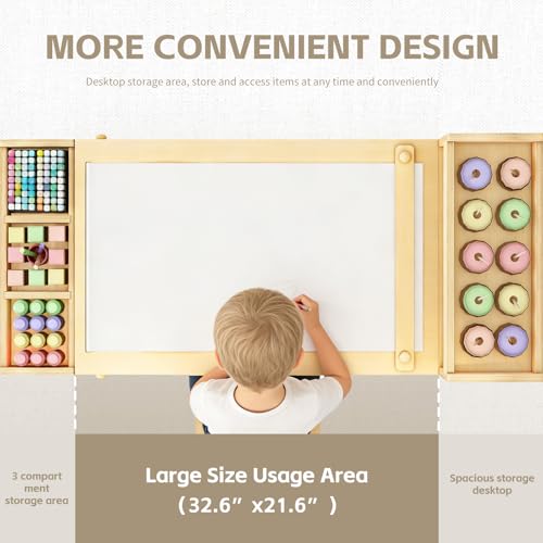 Kids Wooden Art Table and 2 Chairs Set with Paper Roll and Storage