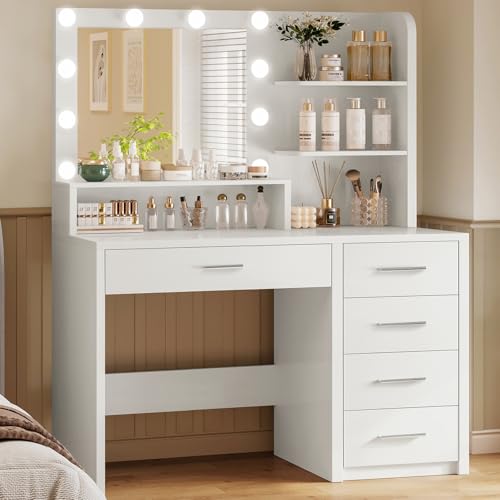 FIONESO White Makeup Vanity Desk with 5 Drawers & LED Lights - Adjustable Brightness & 3 Color Modes