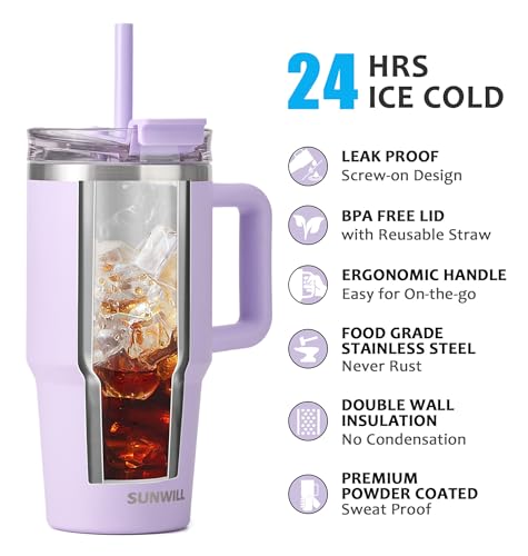 SUNWILL 20 oz Insulated Travel Tumbler with Handle & Straw - Powder Coated Orchid