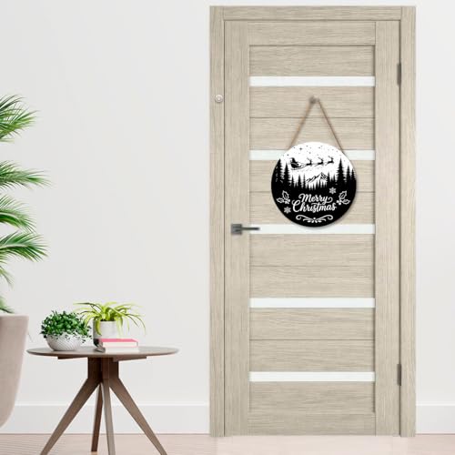 Winter-Merry Christmas Black 12x12 Inch Wooden Door Sign with Snowflakes & Trees