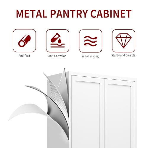 61" White Kitchen Pantry Storage Cabinet with 4 Adjustable Shelves & 2 Doors
